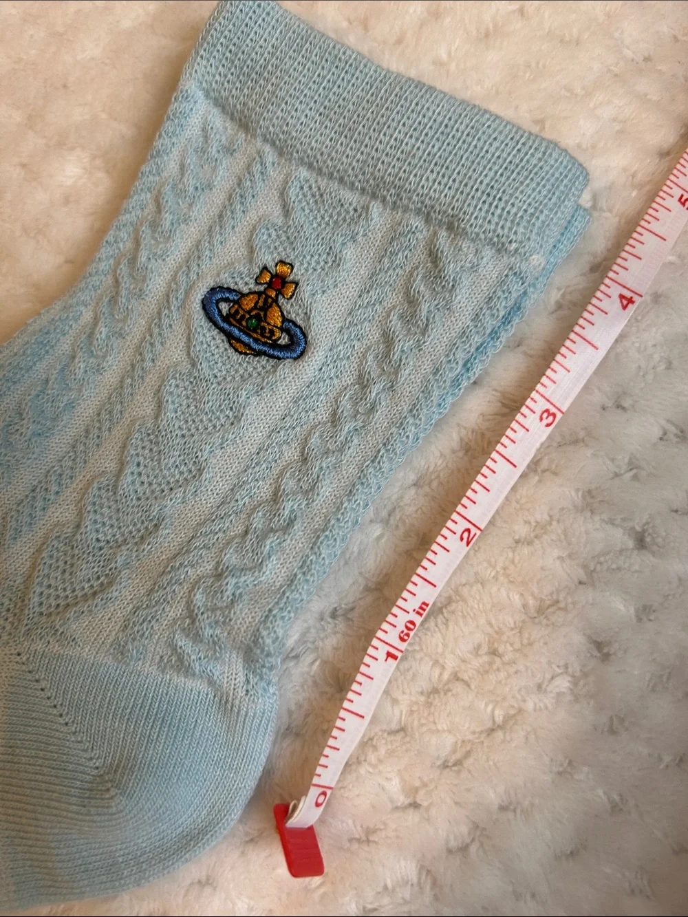 NWOT Vivienne Westwood Unisex Cable-Knit Crew Socks With Orb Logo - Pastel Blue